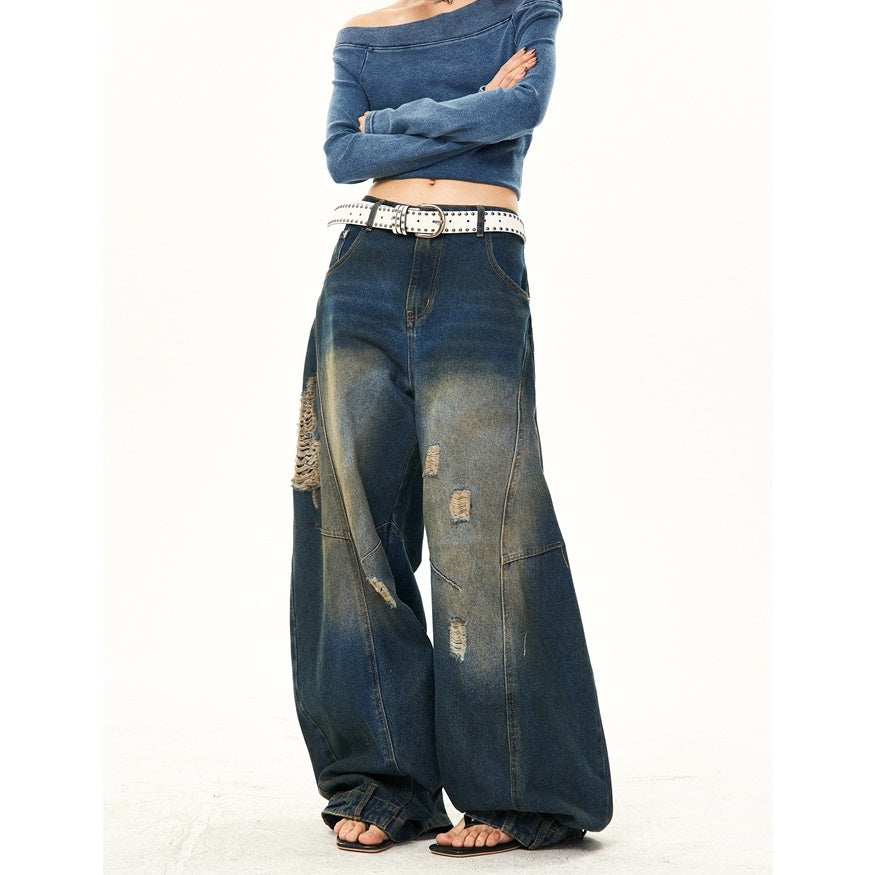 Retro Washed Ripped Stitch Design Loose Jeans YS7007