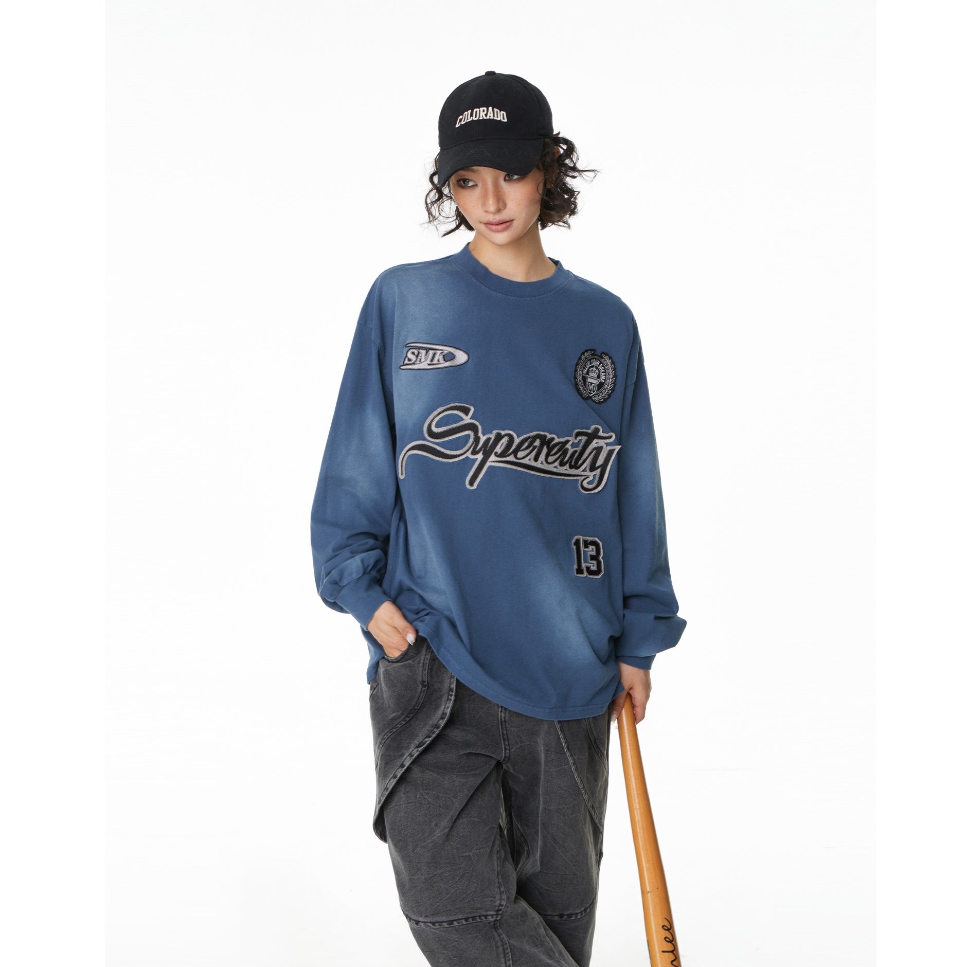 Street Distressed Wash Letter Embroidery Long Sleeve T-Shirt MW9399