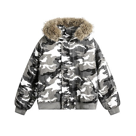 Fur Collar Hooded Camouflage Zipper Jacket EZ194