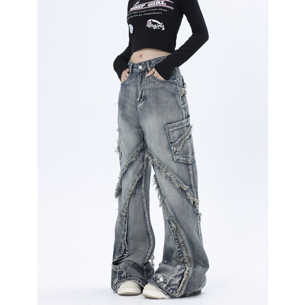 Wash Panels Raw Edge Loose Straight Jeans MW10062