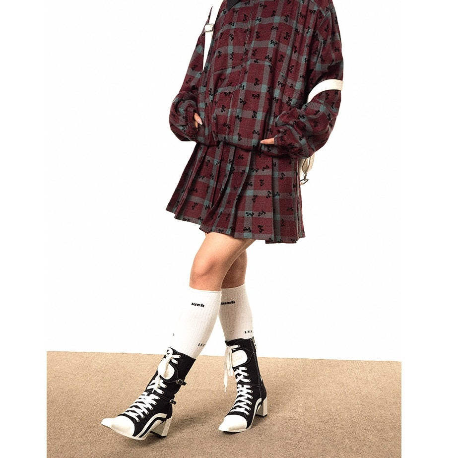 【上下別売り】Bow Print Contrast Plaid Jacket & Pleated Short Skirt Set-up MW9494