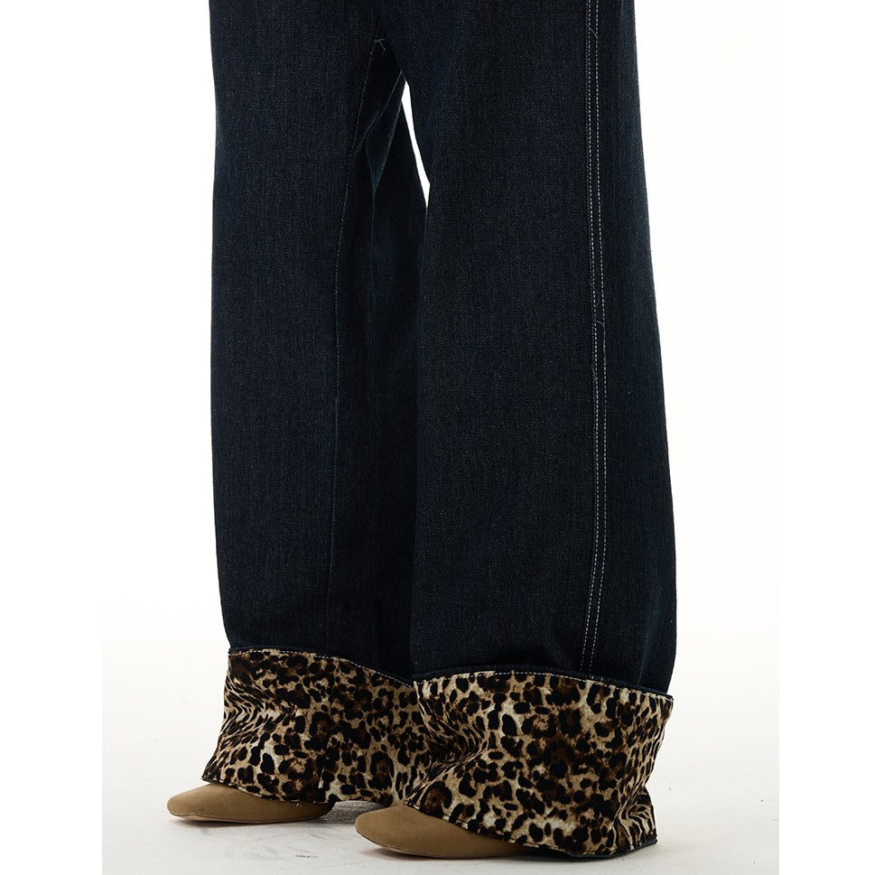 Rolled Leopard Print Loose Straight Jeans MW9273