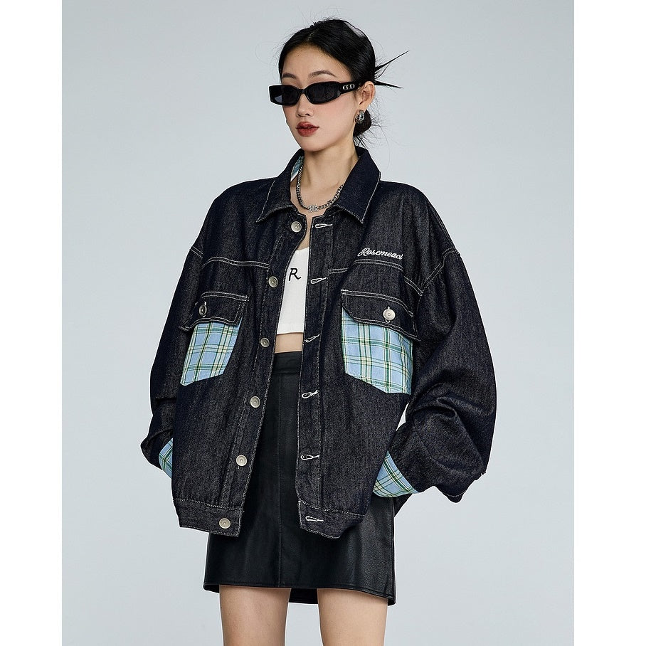 Plaid Patchwork Loose Denim Jacket MW9317