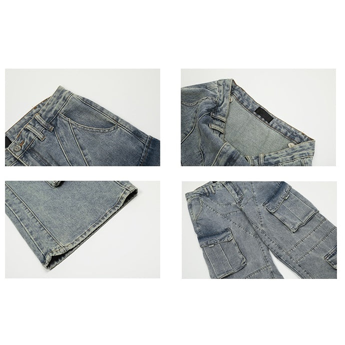 Multi Pocket Vintage Wash Loose Cargo Jeans MW9212