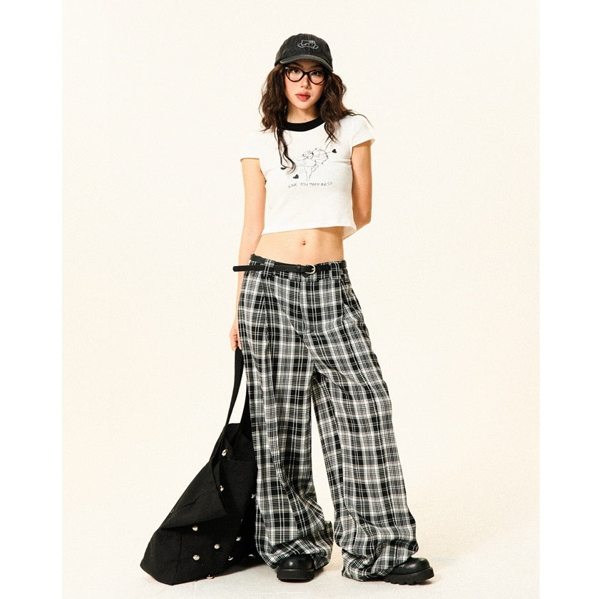 Monotone Plaid Low-waisted Wide-leg Pants YS7009