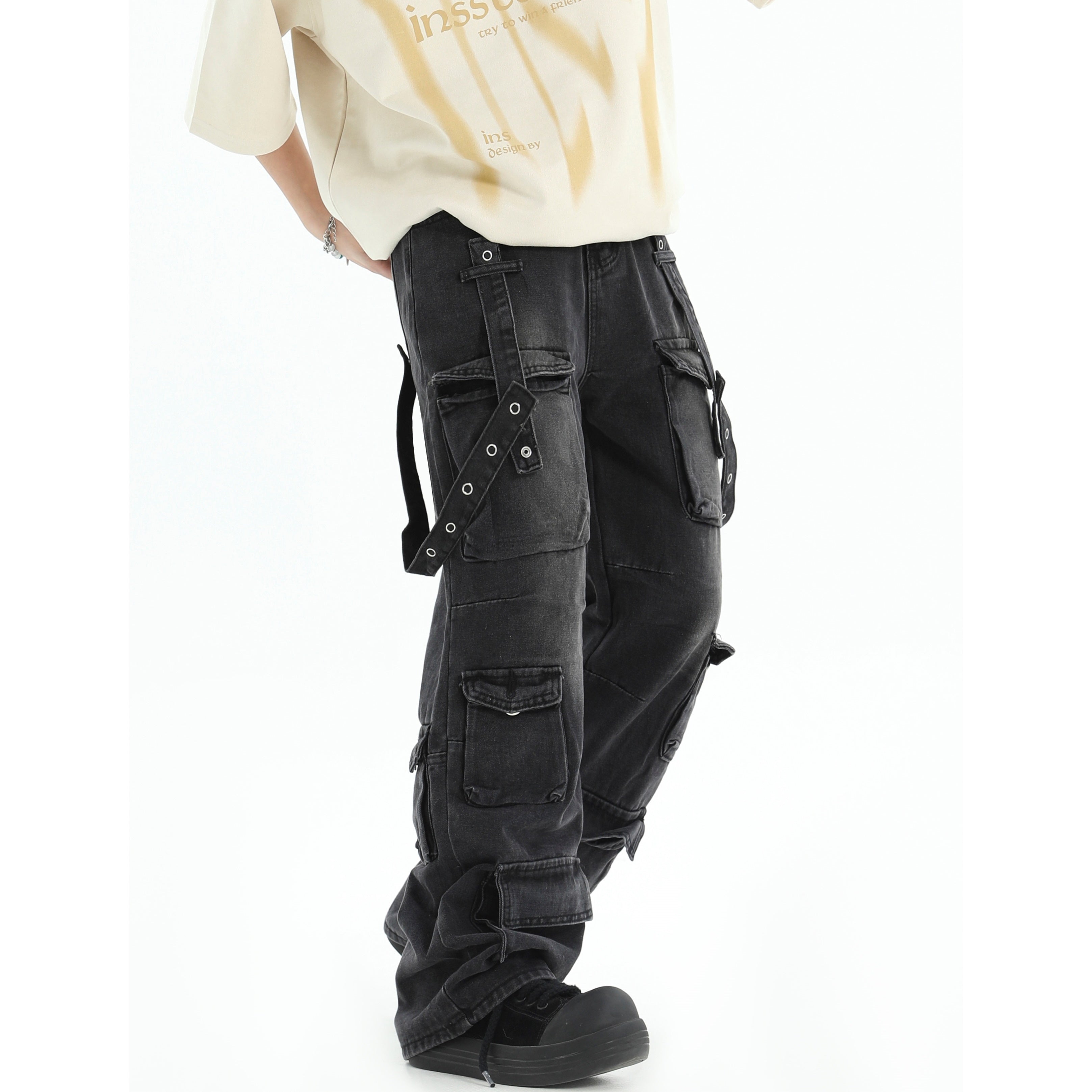 Retro Wide-leg Straigh Strap Cargo Jeans IN7010