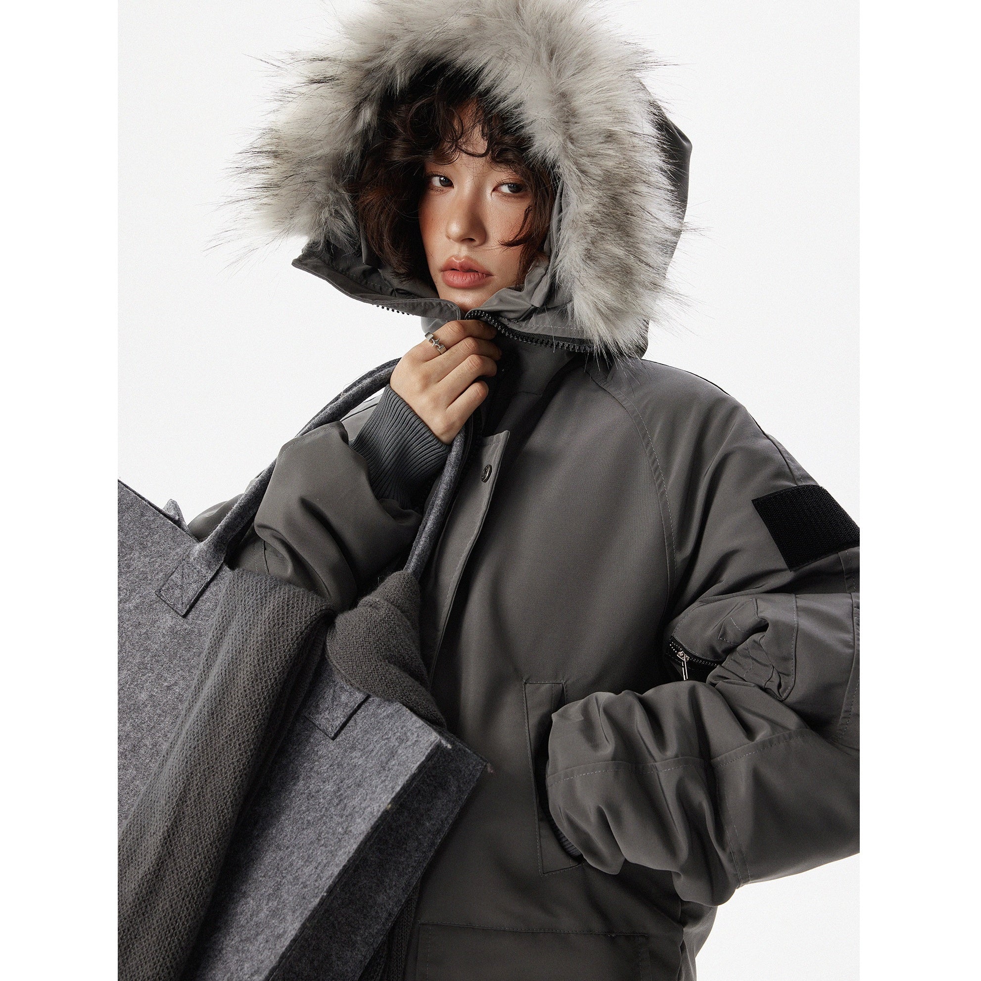 Fur Collar Padded Hooded Work Zipper Jacket MW9624