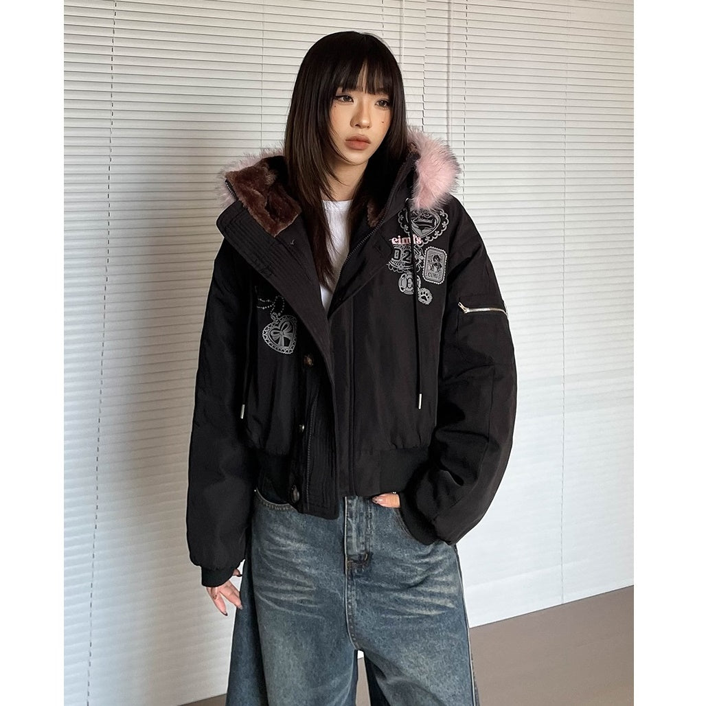 Hooded Volume Fur Collar Cropped Padded Jacket MW9770