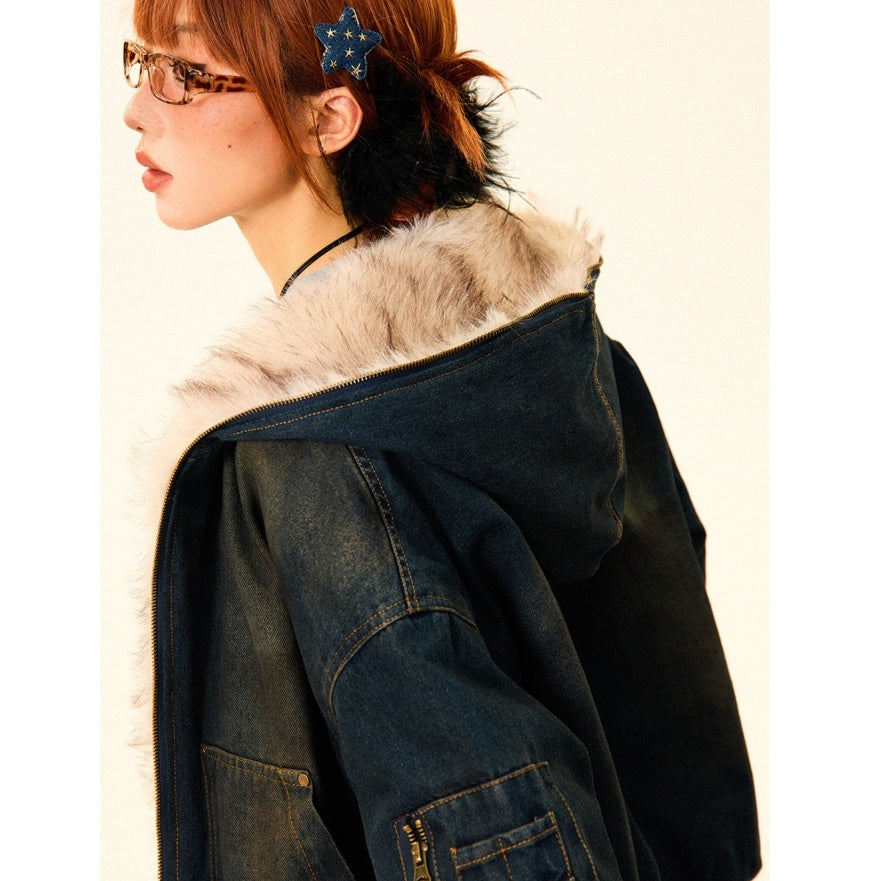 Fluffy Fur Denim Hooded Jacket MW9703