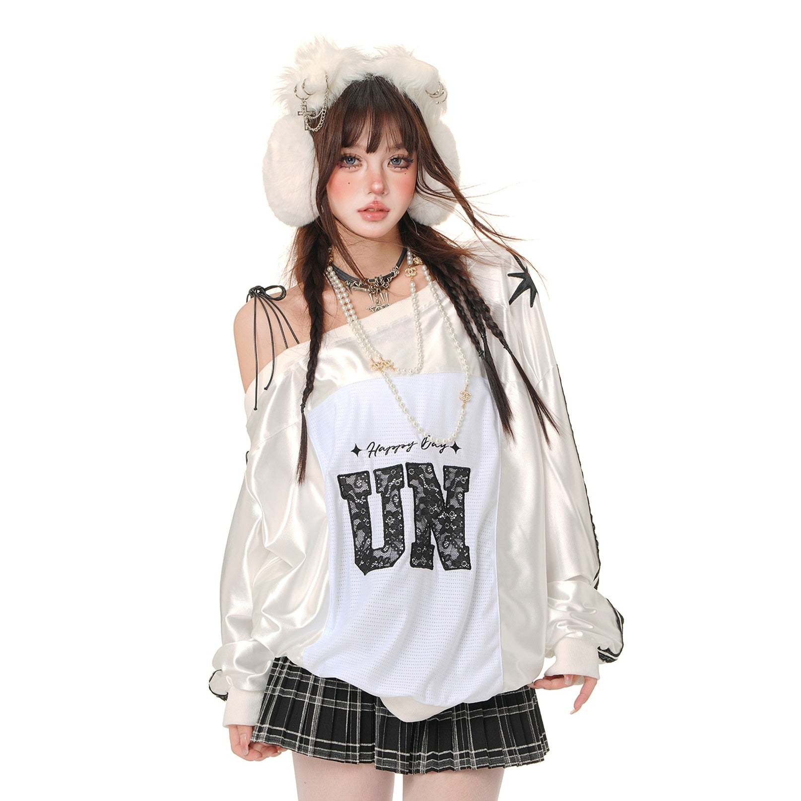 Lace Slanted Shoulder Baseball Style Pullover KK2002