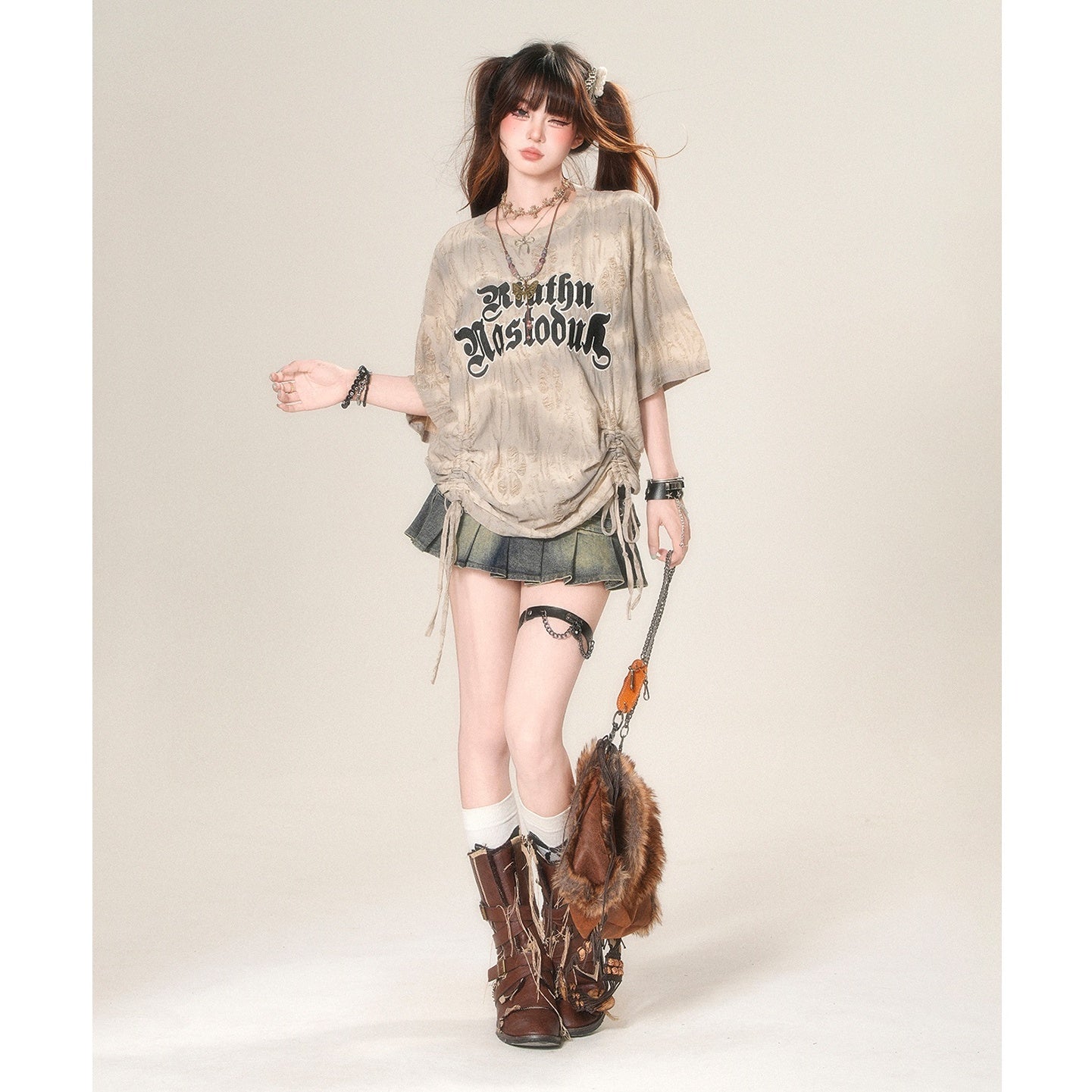Drawstring Loose Ripped T-Shirt KK2048