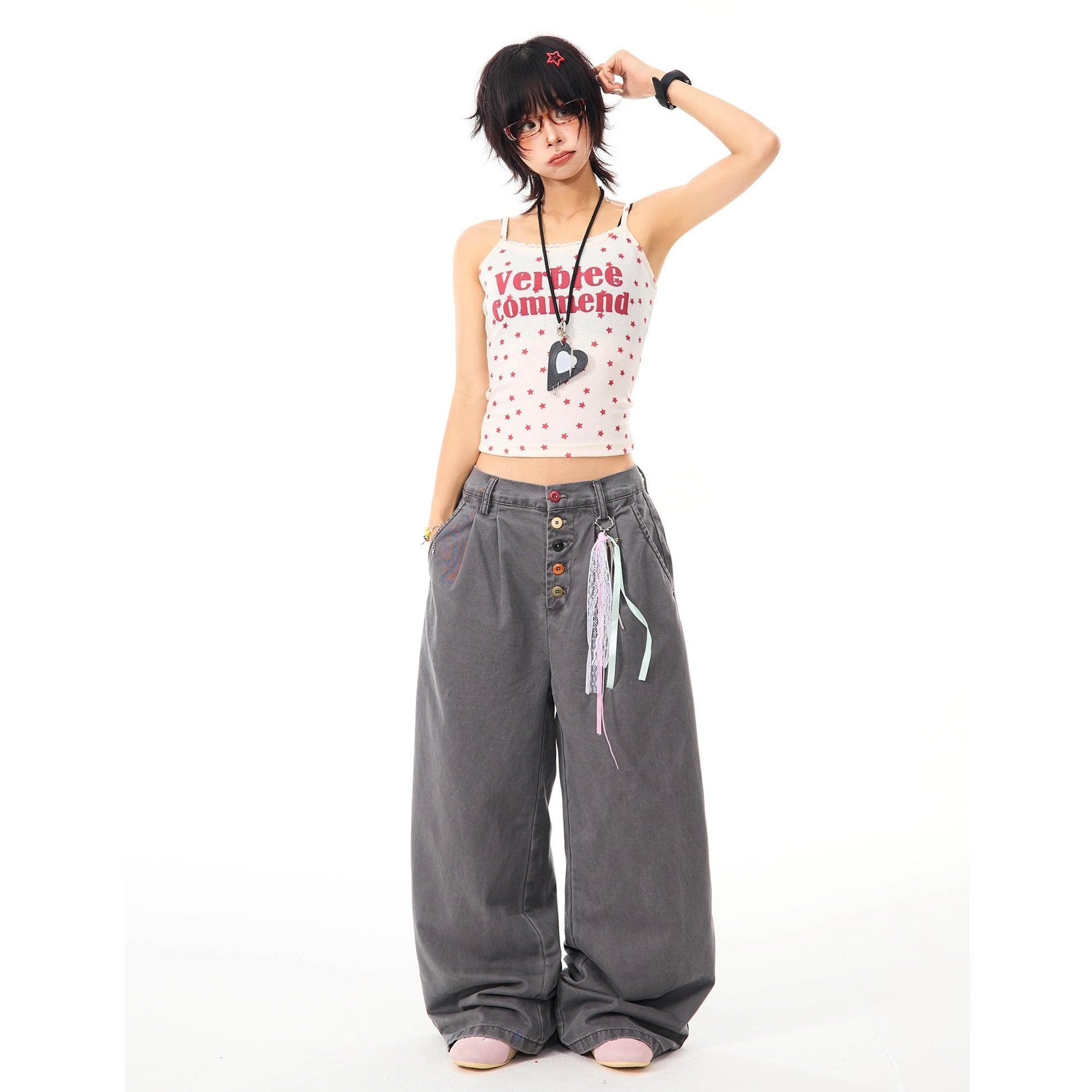 Color Button Wide Straight Pants MW10099