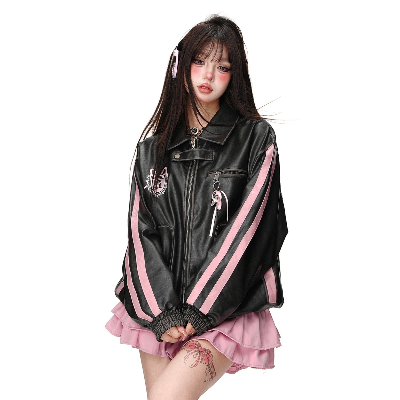 Line Sleeve Biker PU Leather Jacket KK2001