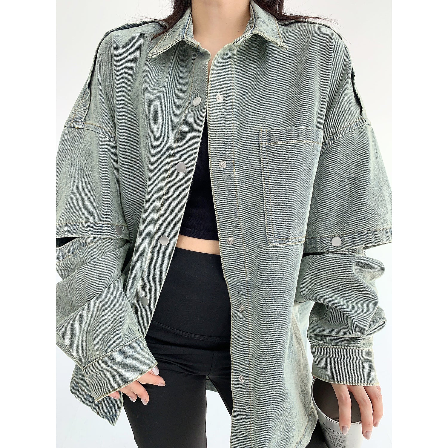 Sleeve Detachable Denim Shirt Jacket MW9566