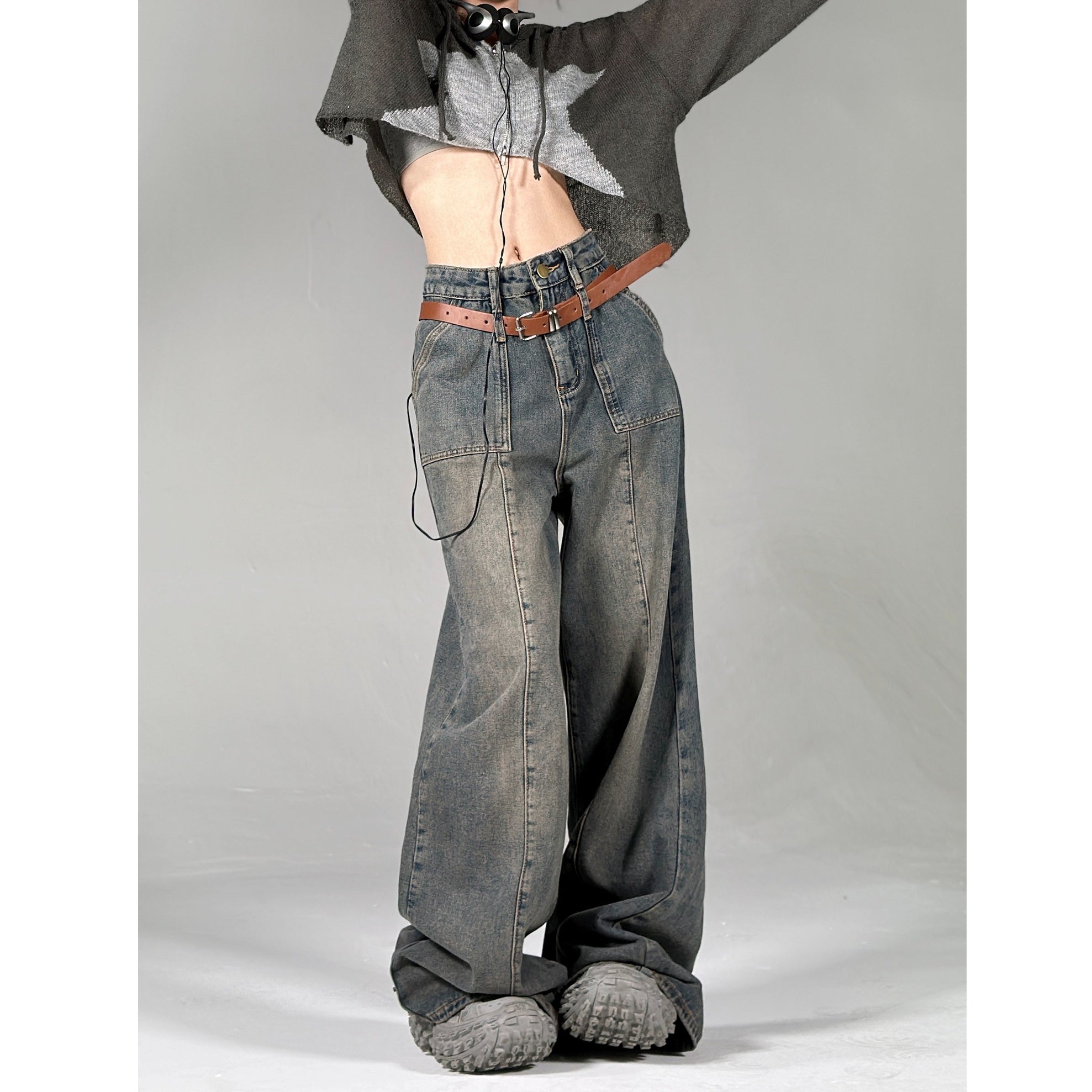 Distressed Washed Wide-leg Stitch Work Jeans HG7123