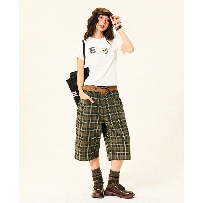 Retro Plaid Straight Leg Loose Cropped Pants YS7011