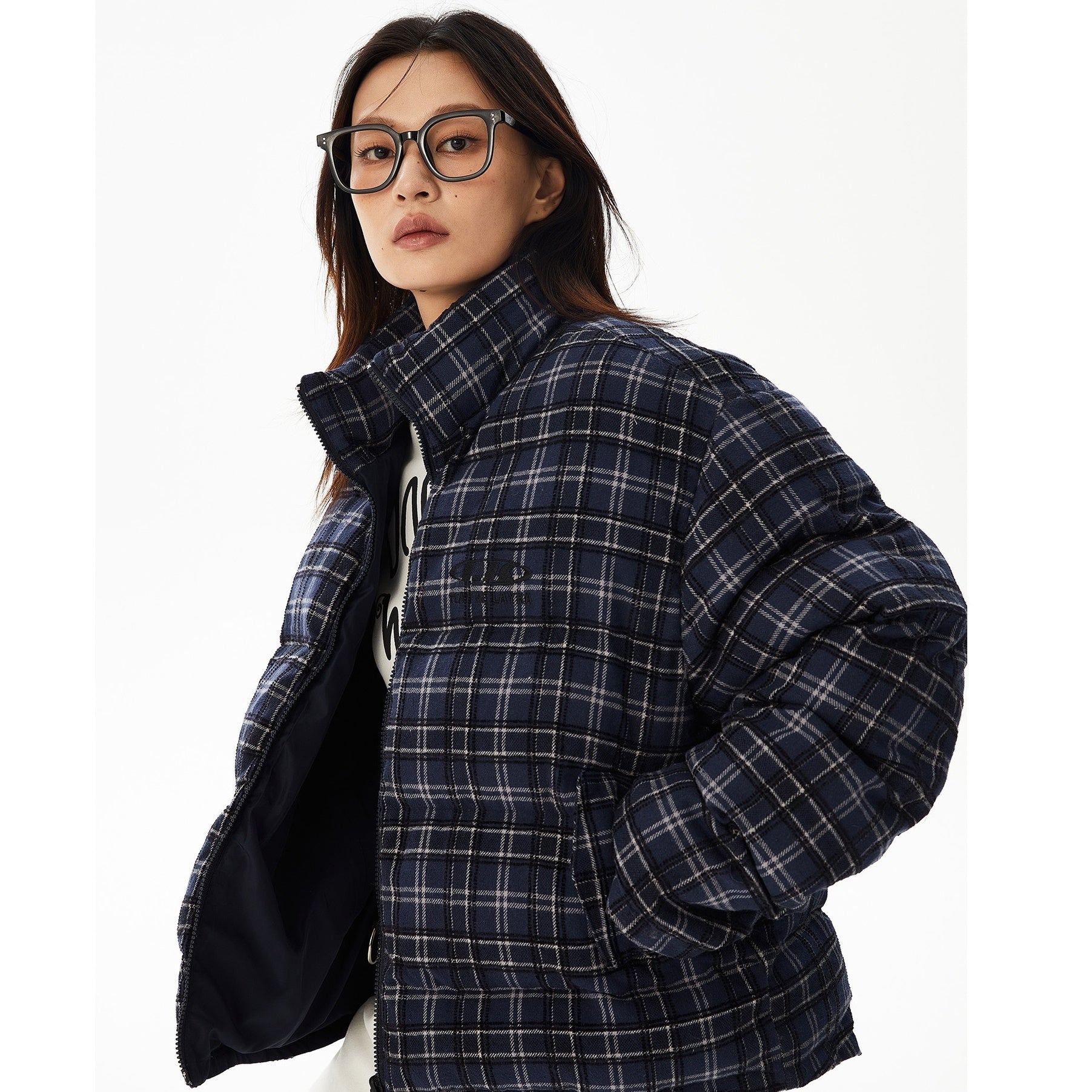 Plaid Reversible Stand Collar Padded Short Jacket MW9623