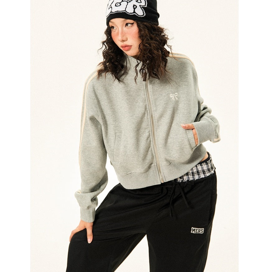 Retro College Bow Embroidery Cropped Track Jacket MW9430