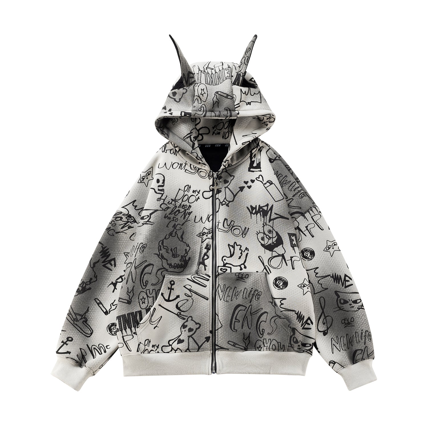 Doberman Ear Hooded Graphic Print Zip-Up Parka MW9701