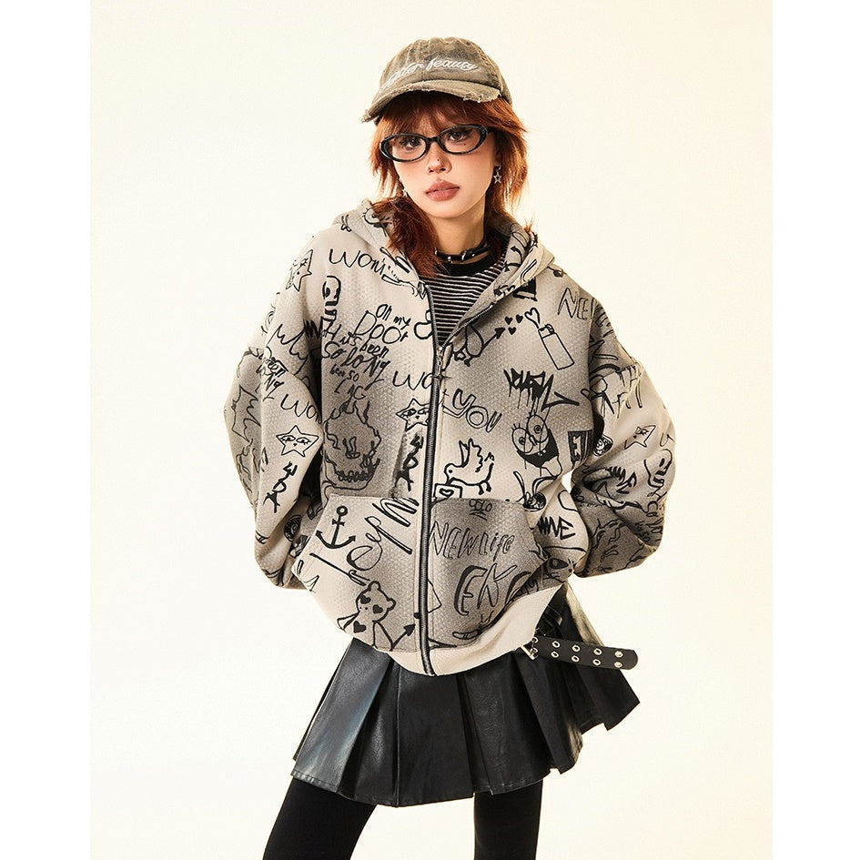 Doberman Ear Hooded Graphic Print Zip-Up Parka MW9701