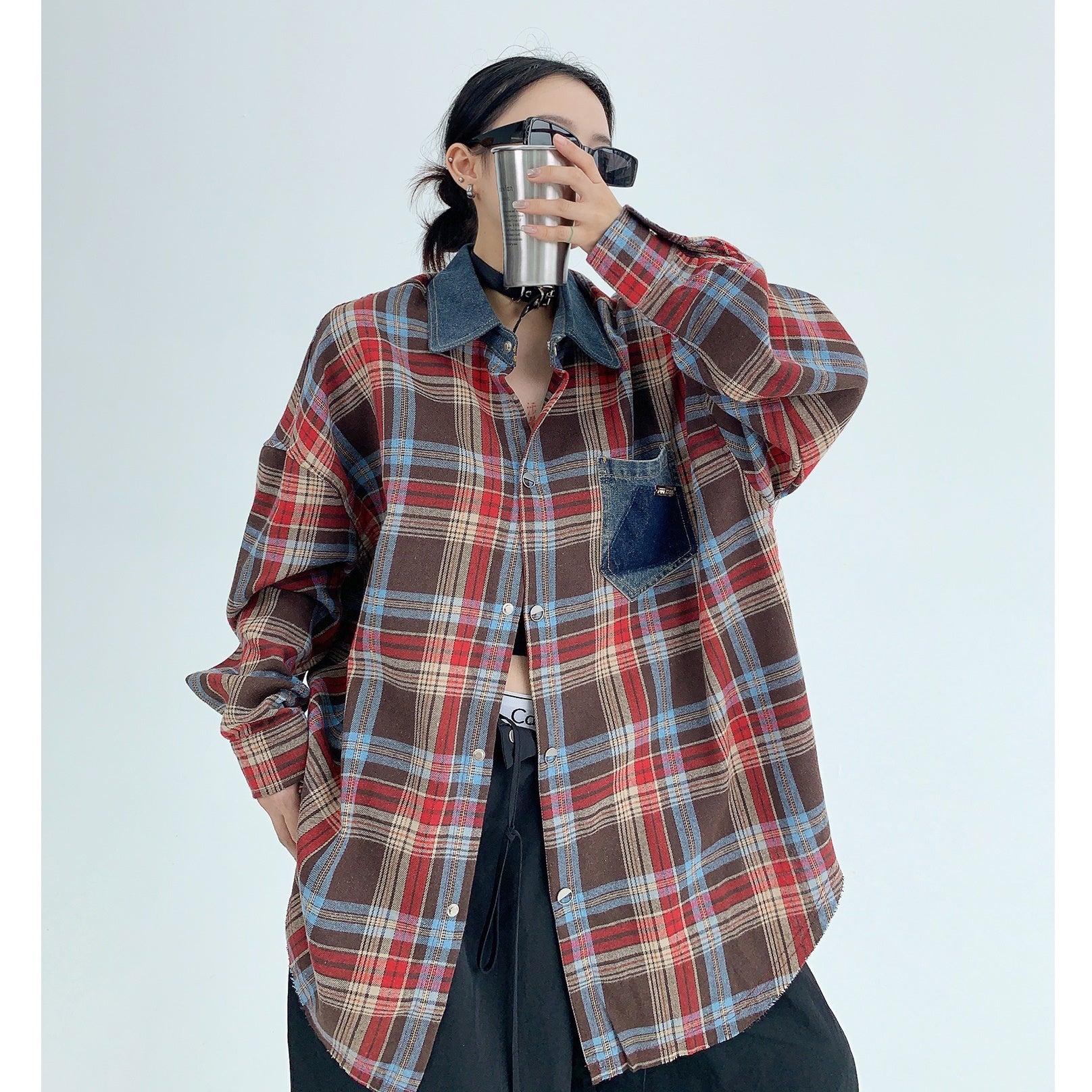 Retro Oversize Plaid Long-sleeved Shirt MW9435