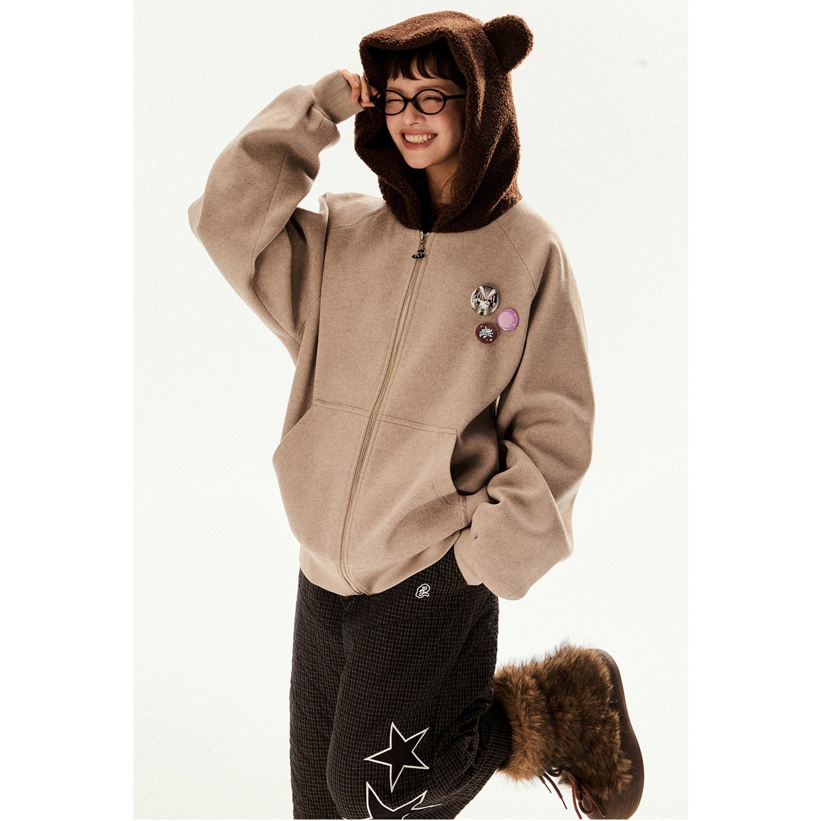 Raglan Sleeve Bear Design Hooded Zipper Jacket EZ196