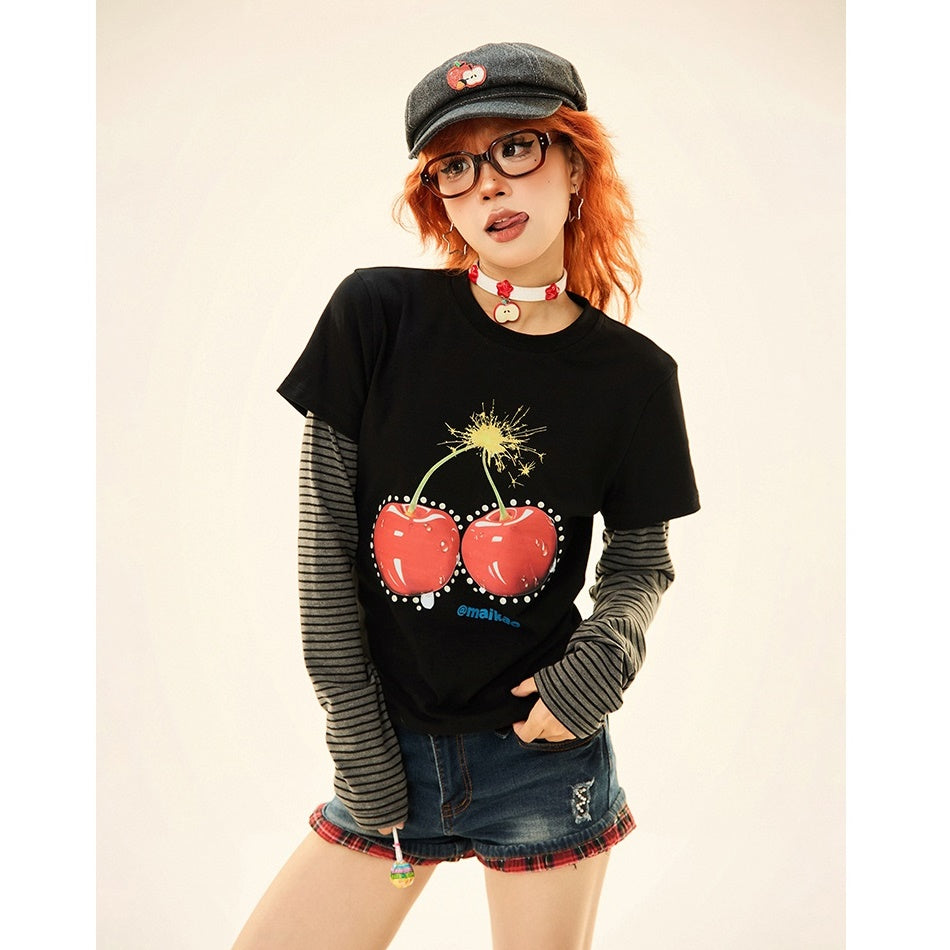 Cherry Print Fake Layered Long Sleeve T-Shirt MW9330