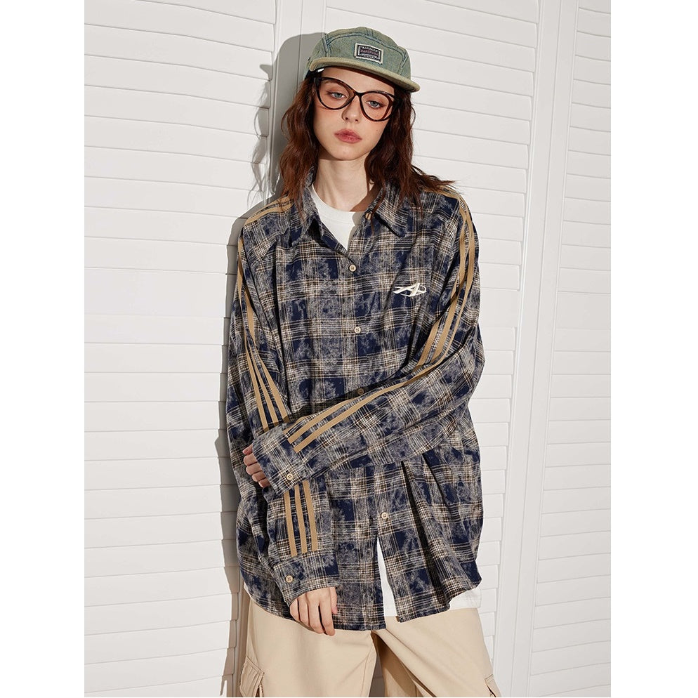 Contrast Stripe Panel Plaid Long-sleeved Shirt BT7019