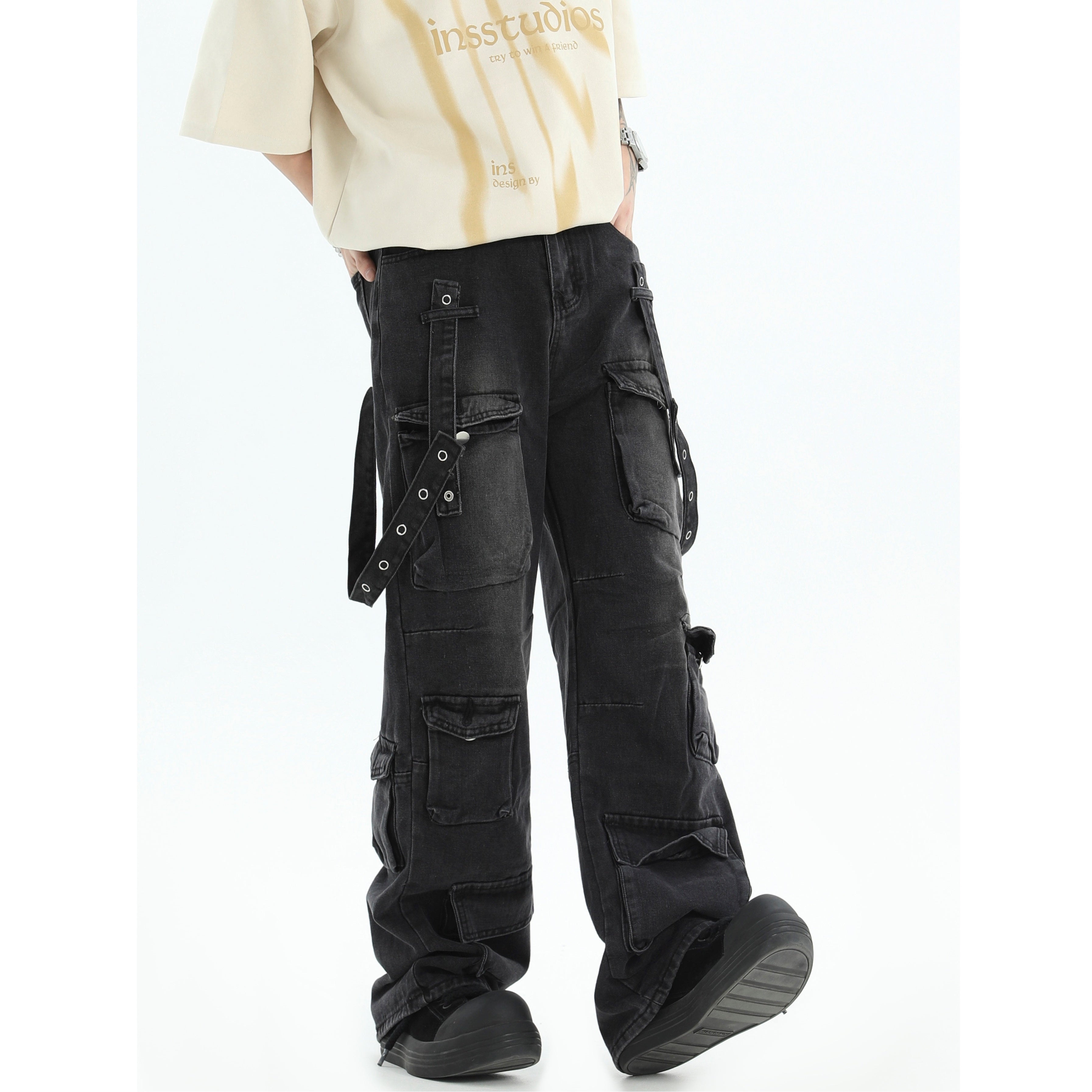 Retro Wide-leg Straigh Strap Cargo Jeans IN7010