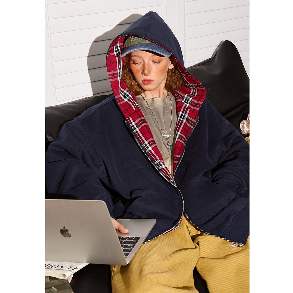 Reversible Plaid Hooded Sweat Zip Parka MW9707