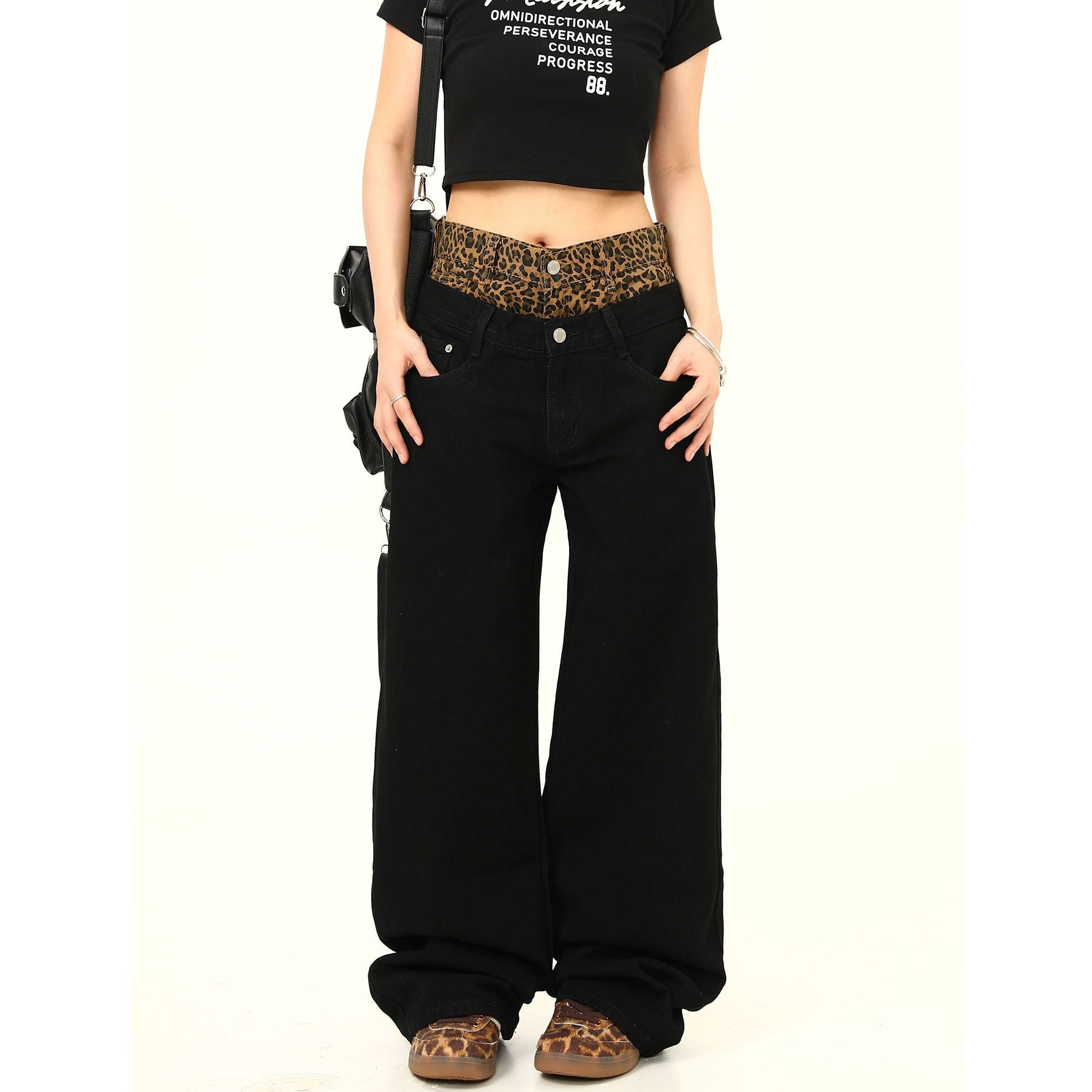 Double Waist Leopard Panel Wide-Leg Jeans MW9278