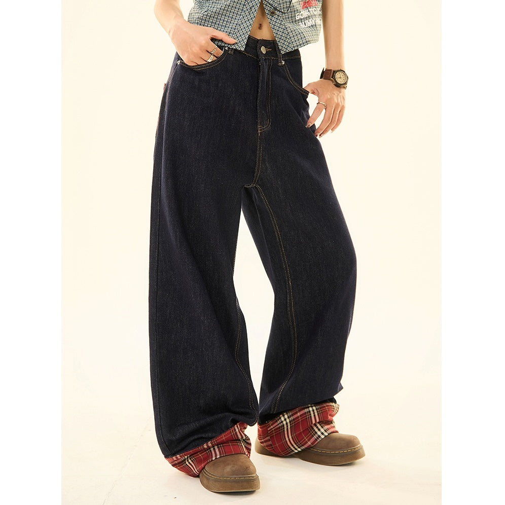 Retro Plaid Patchwork Washed Loose Straight Jeans MW9215