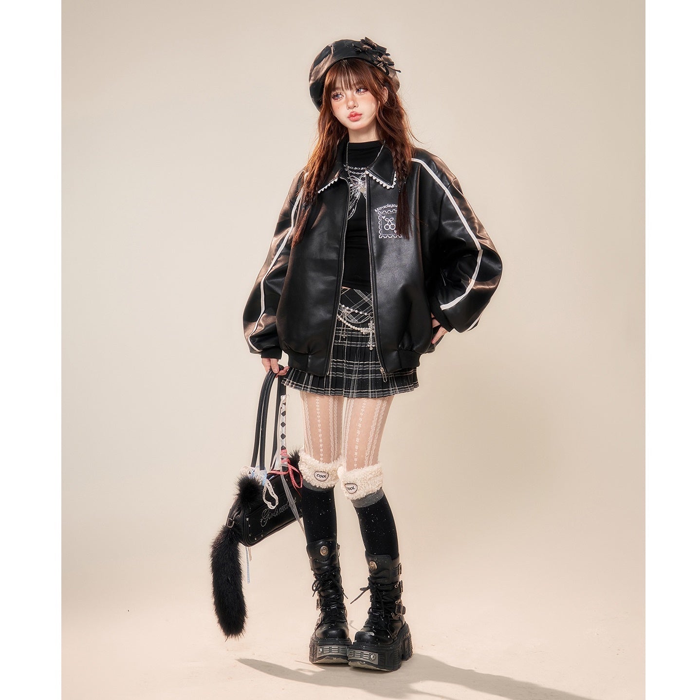 Lace Stitch Motorcycle PU Leather Jacket KK2008