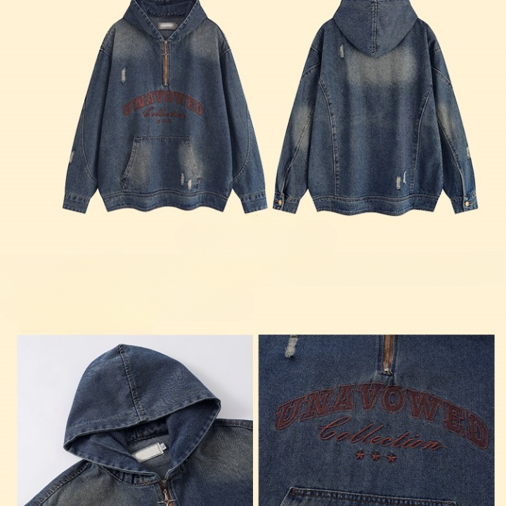 Vintage Embroidery Loose Half-ZIP Denim Hoodie MW9373