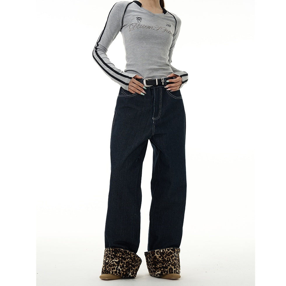 Rolled Leopard Print Loose Straight Jeans MW9273