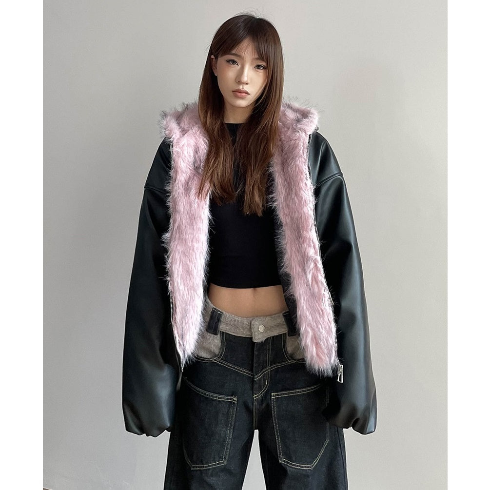 Fur Collar Hooded PU Leather Jacket MW9696