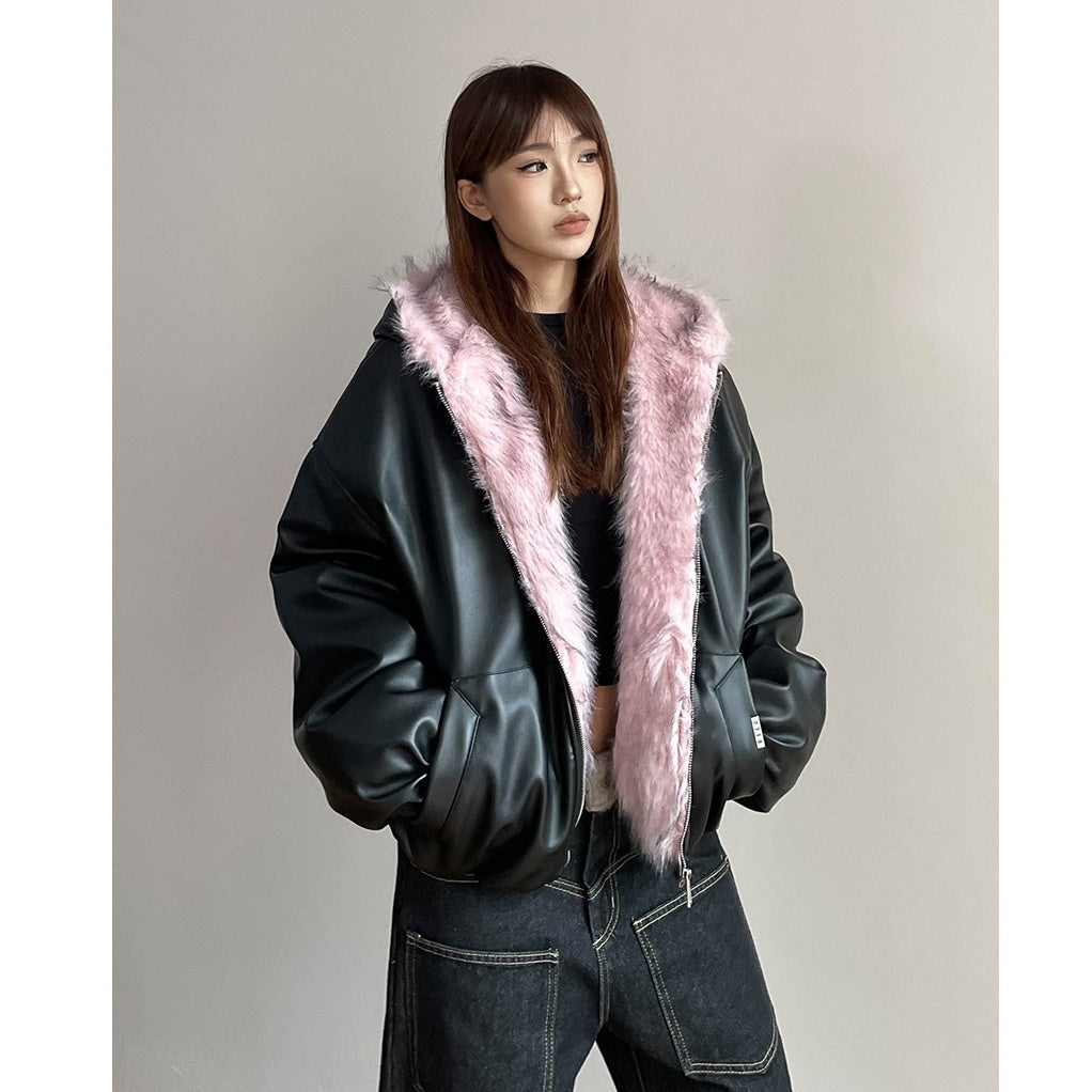 Fur Collar Hooded PU Leather Jacket MW9696