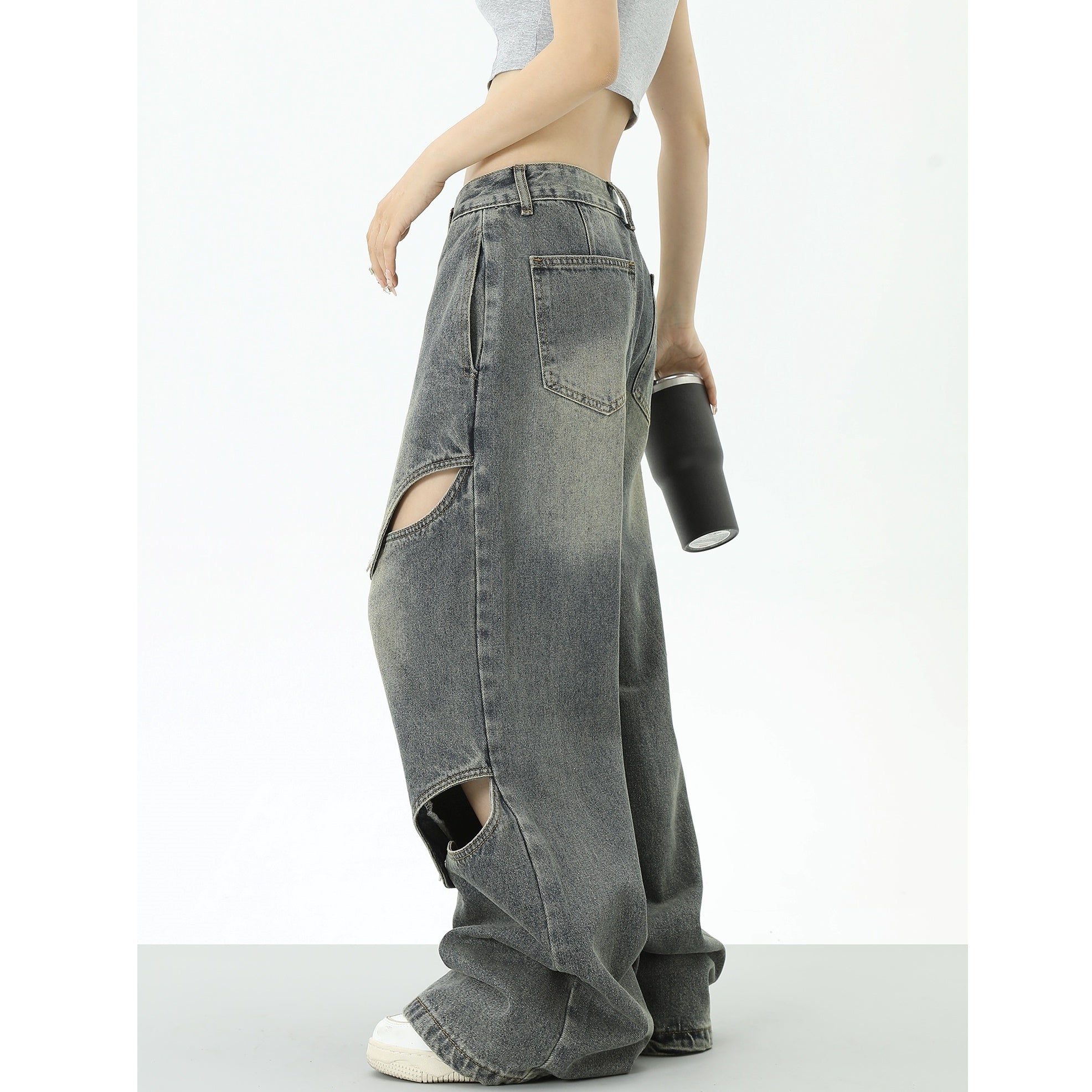 Metal Button Embellishment Cut-out Wide Leg Jeans HG7056