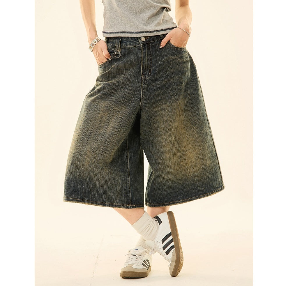 Vintage Wash Distressed Denim Wide-leg Cropped Pants MW9267