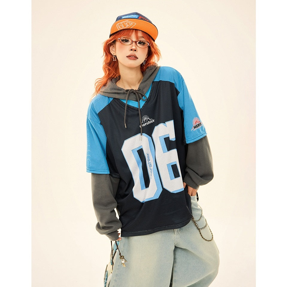 Vintage Fake Layered Sporty Hooded Pullover MW9333