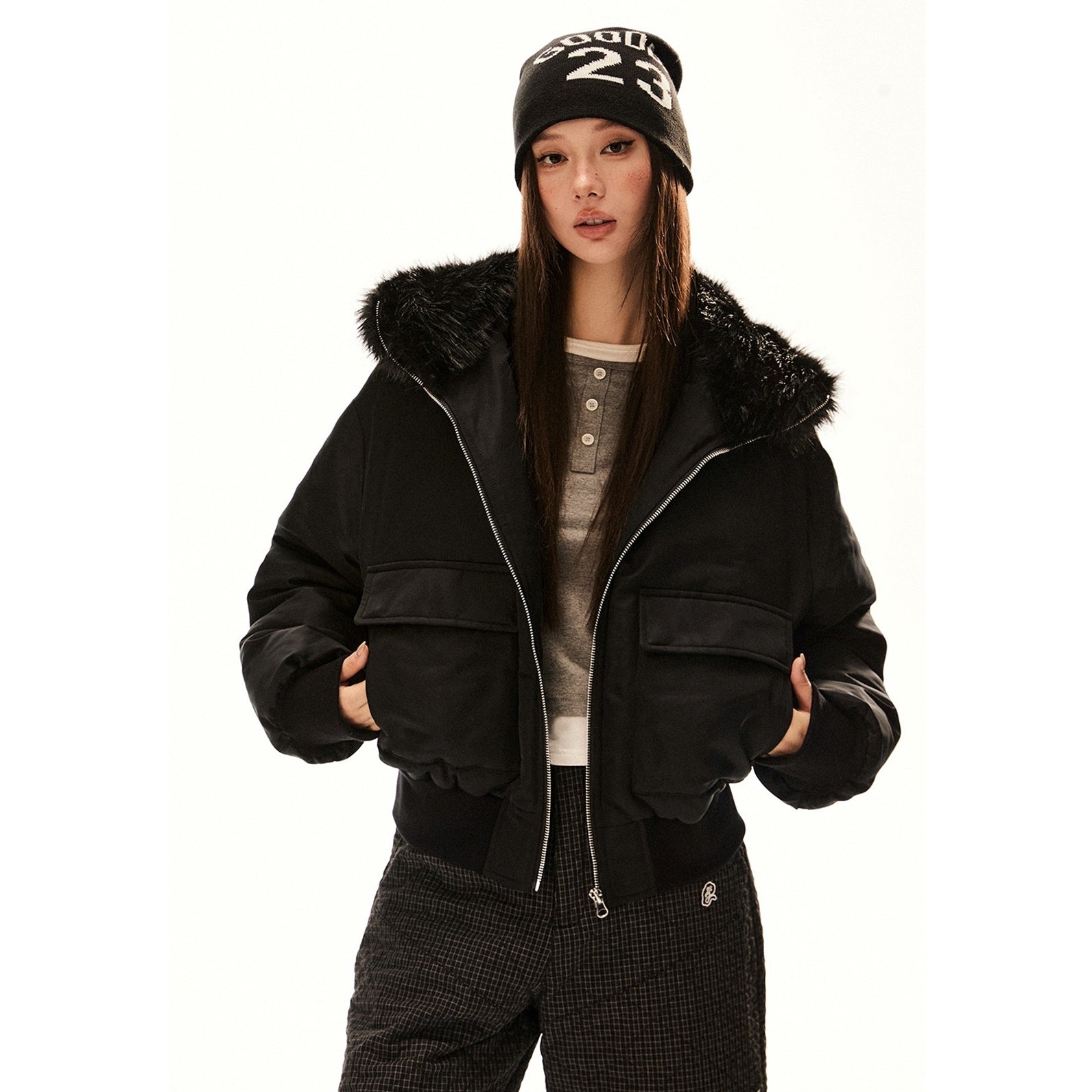 Fur Collar Hooded Cropped Down Jacket EZ206