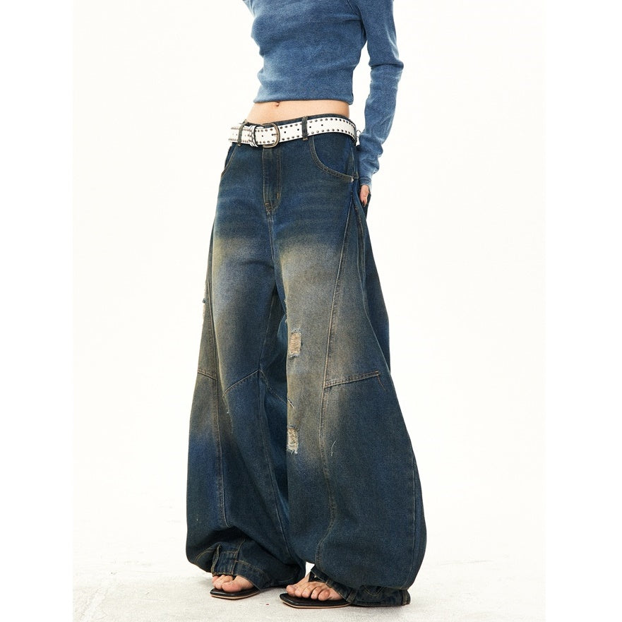 Retro Washed Ripped Stitch Design Loose Jeans YS7007