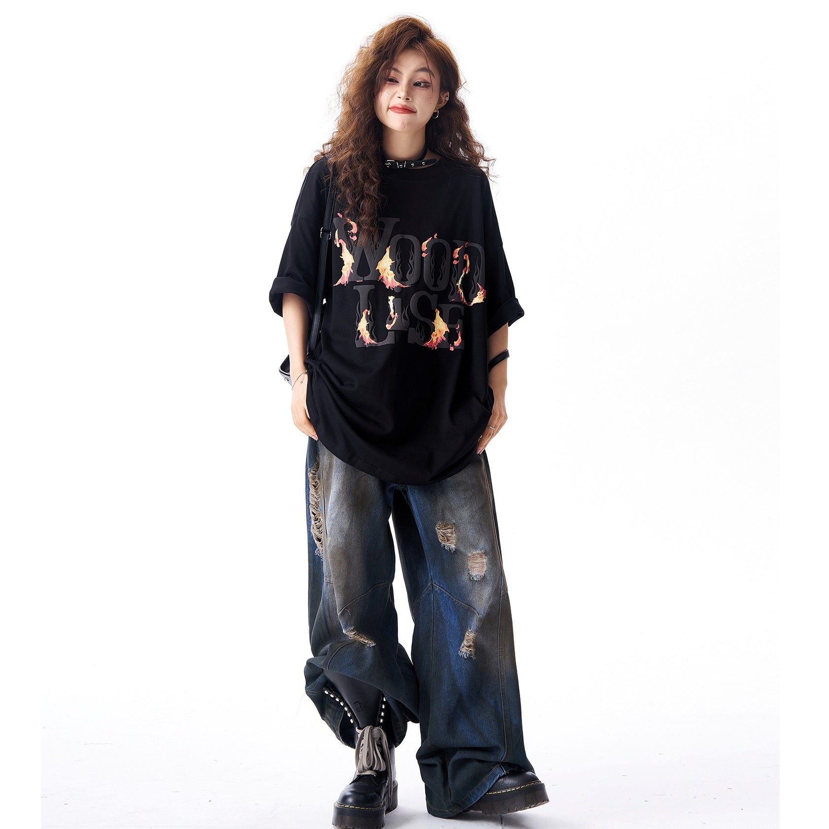 Fire Logo Foam Print Loose T-Shirt HG7168