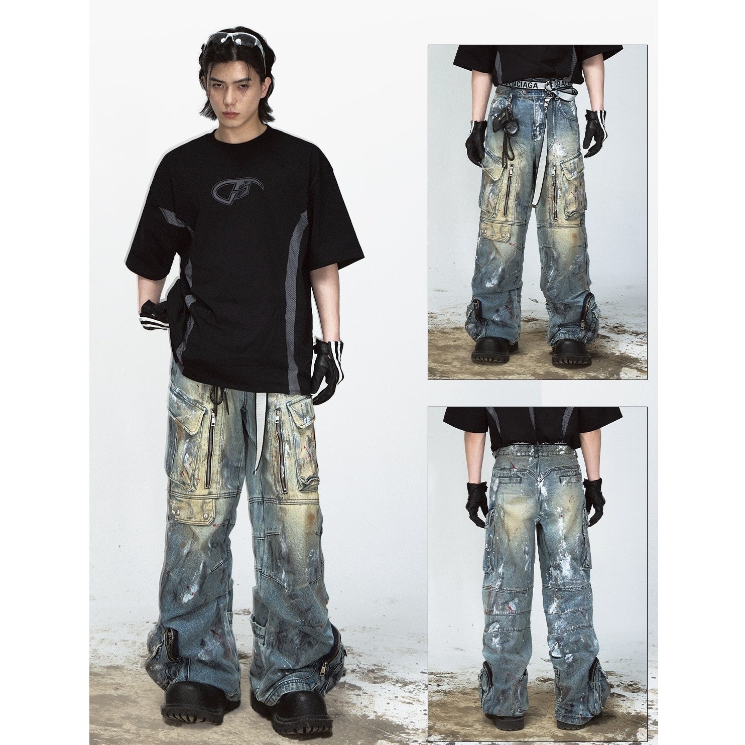 Graffiti Paint Design Multi-pocket Wide-leg Jeans PS7007