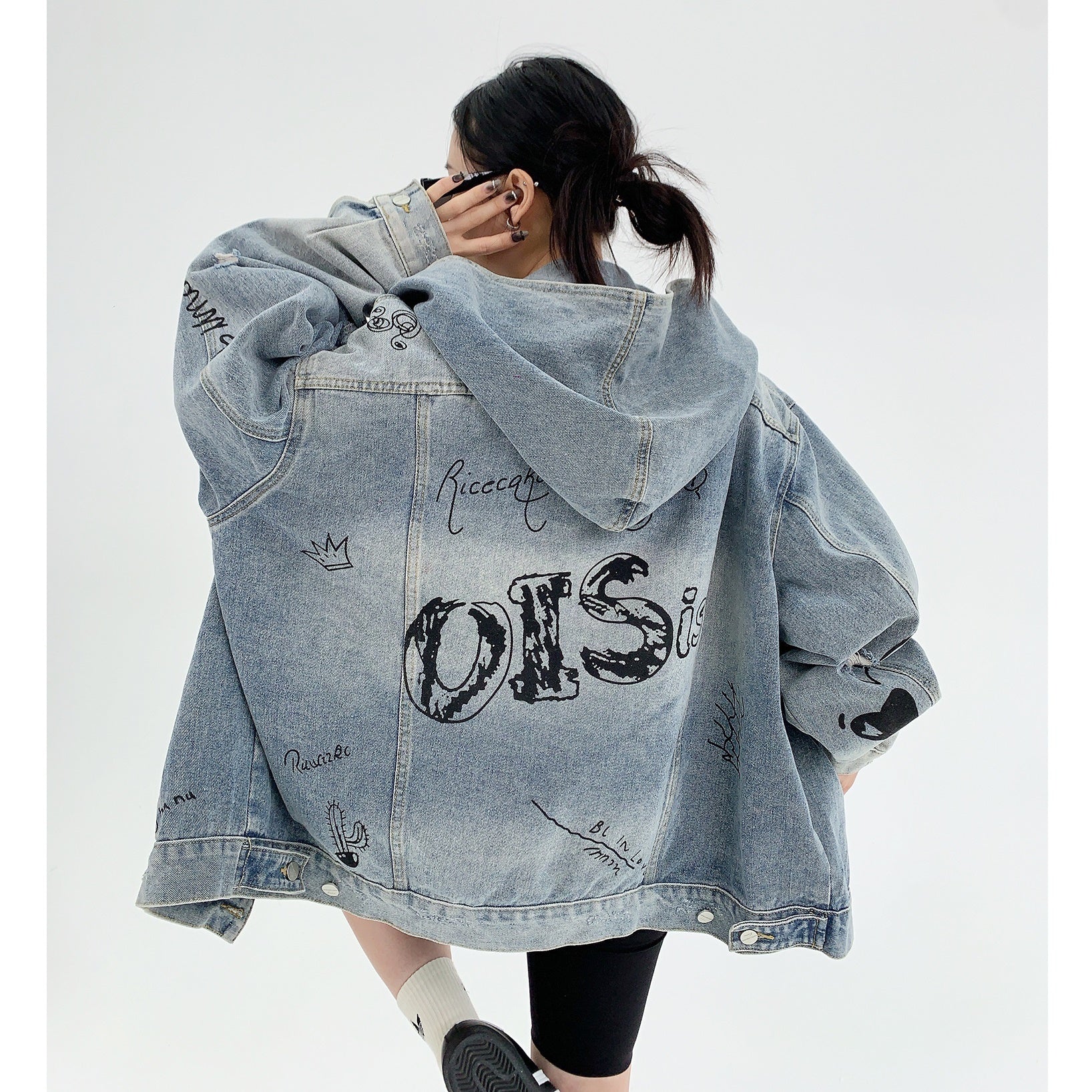 Distressed Graffiti Hooded Denim Jacket MW9502