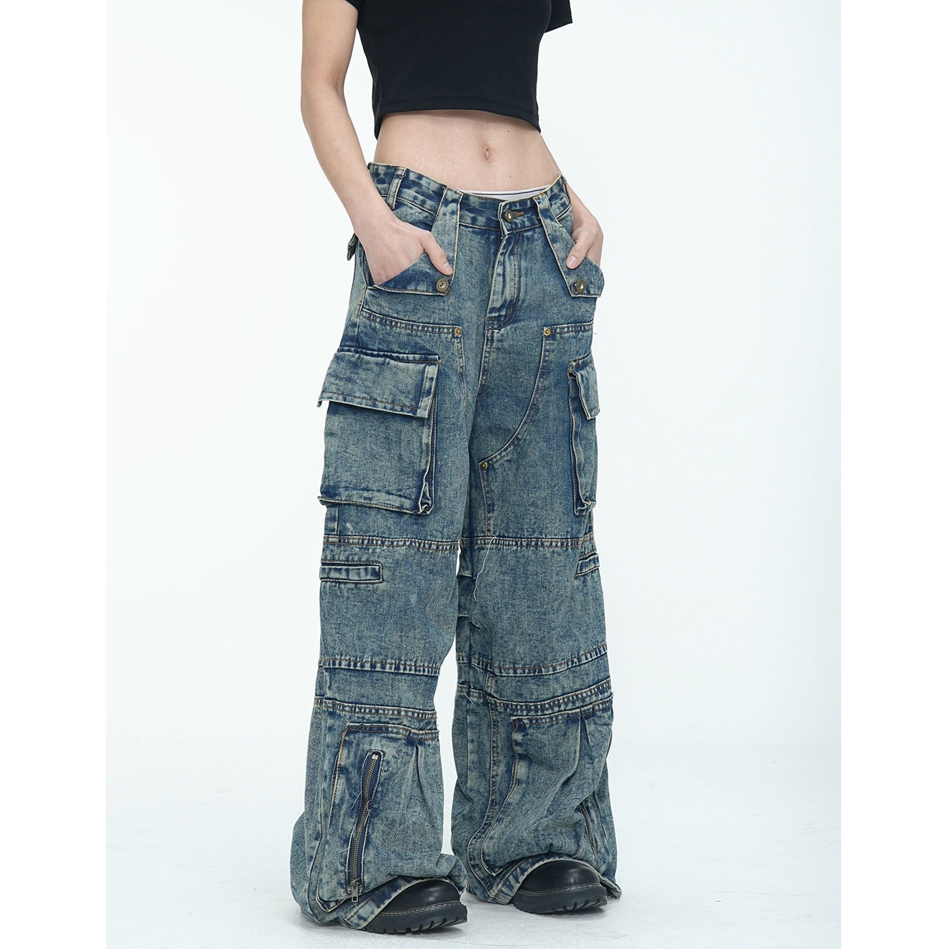 Retro Wash Cargo Style Loose Jeans MW9753