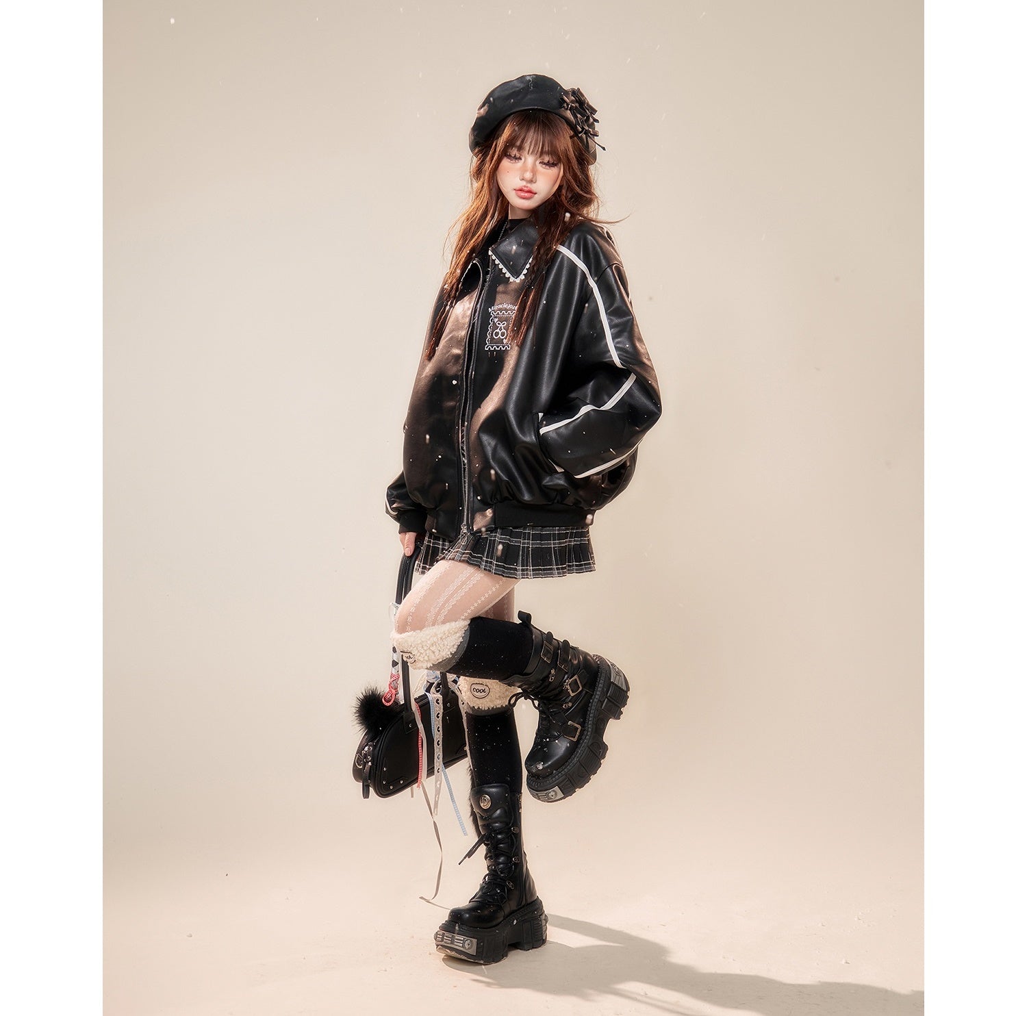 Lace Stitch Motorcycle PU Leather Jacket KK2008