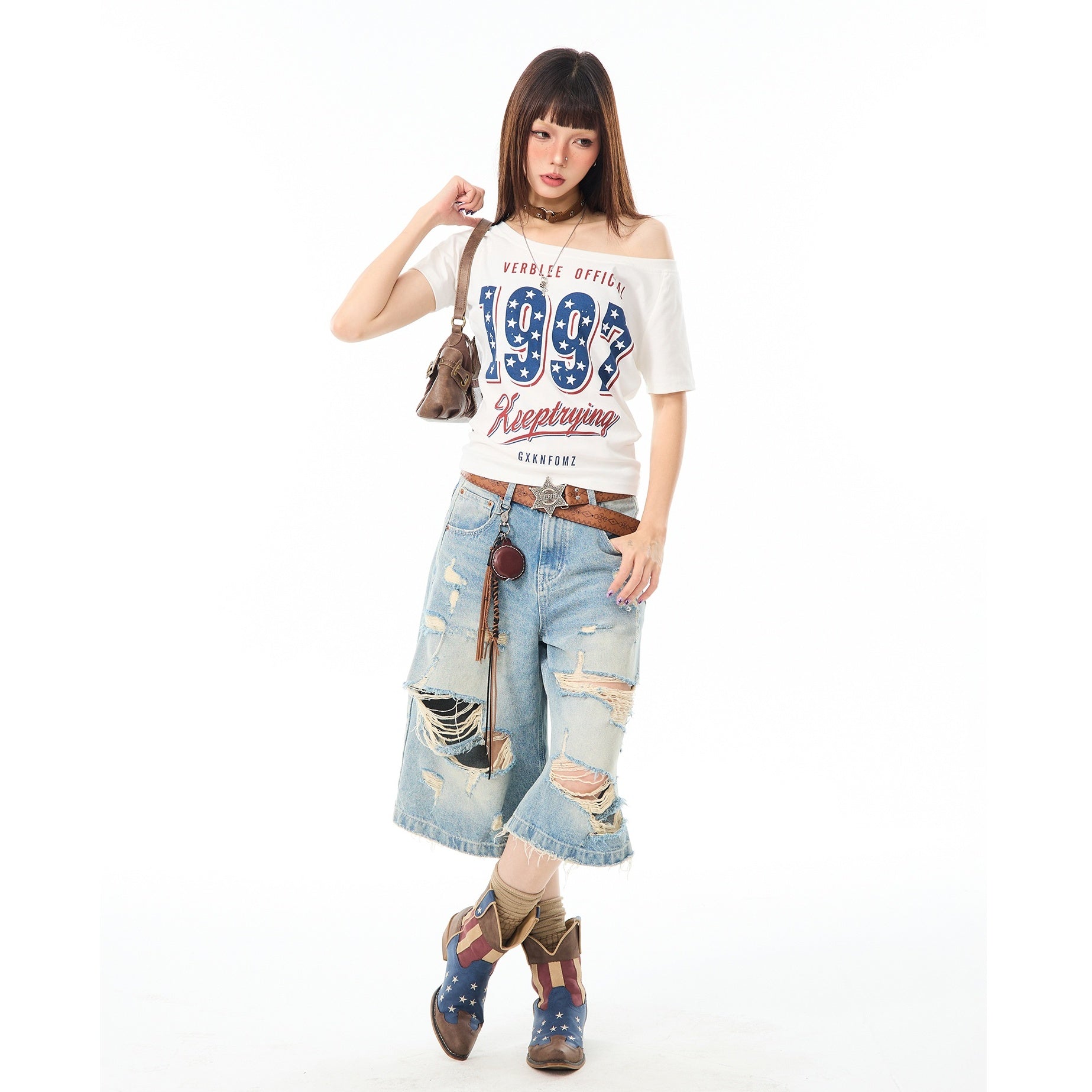 American Star Print Slanted Shoulder T-shirt MW10096