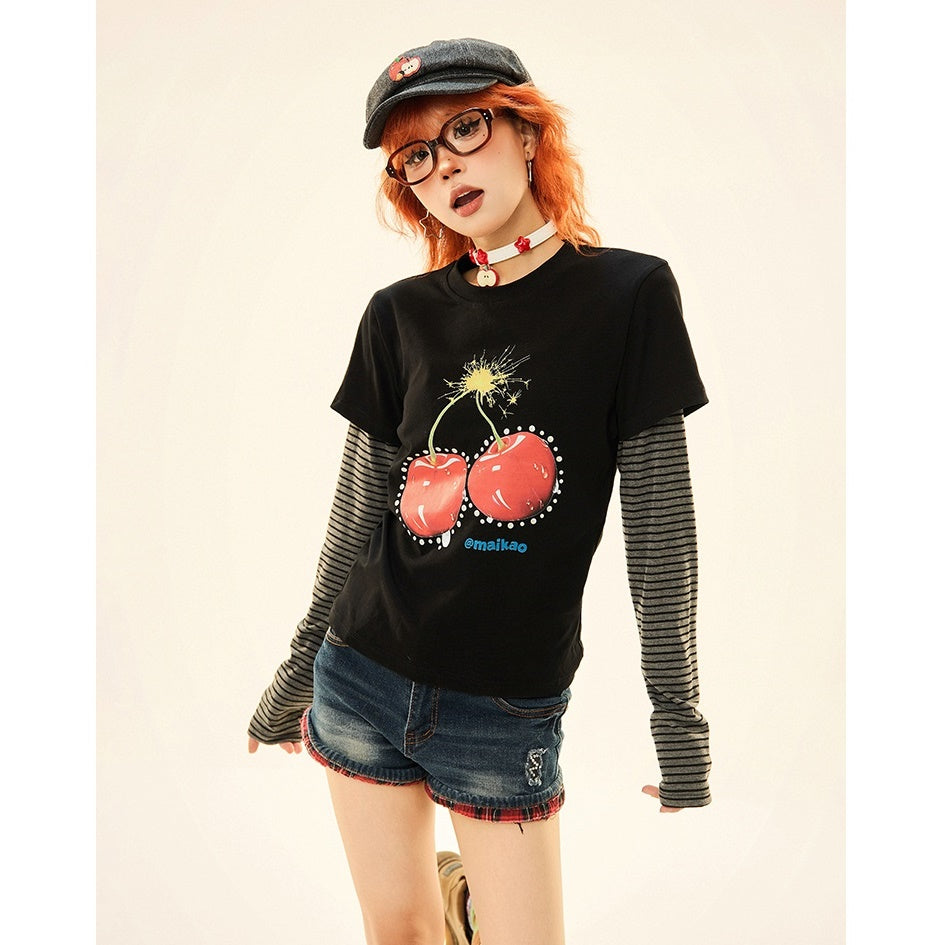 Cherry Print Fake Layered Long Sleeve T-Shirt MW9330