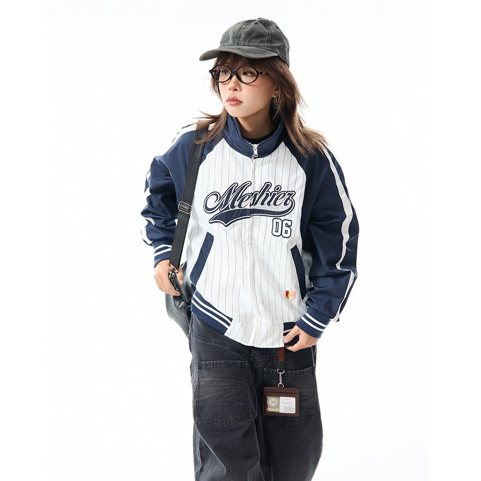 Baseball Style Color-block Stand Collar Jacket MW9799